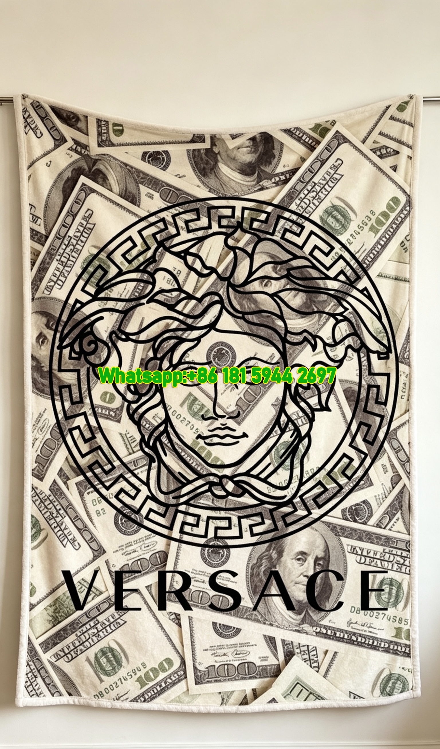 Beige and Green Versace Dollar Print Fleece Throw Blanket IMG_1382